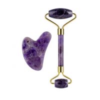 Liftingový masážny valček Jade roller vrátane GuaSha tvarovaného kameňa - Ametyst, fialový