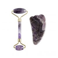 Liftingový masážny valček Jade roller vrátane GuaSha tvarovaného kameňa - Ametyst, svetlo fialový