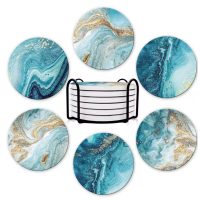 Keramické podtácky so stojanom – Modrý mramor, 6 ks