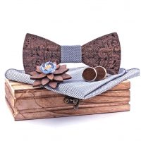 Set dreveného motýlika, vreckovky, manžetových gombíkov a brošne - Strieborný, damašek