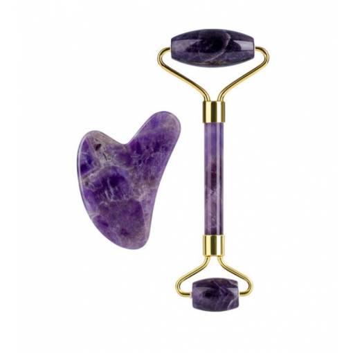 Foto - Liftingový masážny valček Jade roller vrátane GuaSha tvarovaného kameňa - Ametyst, fialový