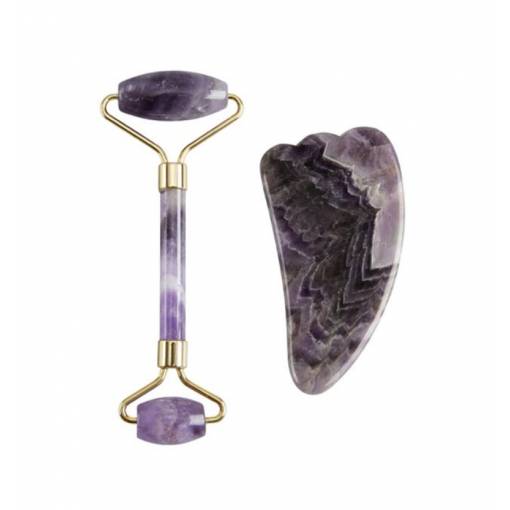 Foto - Liftingový masážny valček Jade roller vrátane GuaSha tvarovaného kameňa - Ametyst, svetlo fialový