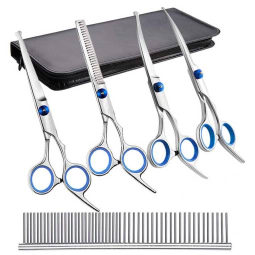 Foto - Profesionálna veľká sada nožníc na úpravu zvieracej srsti - Strieborná, modrá