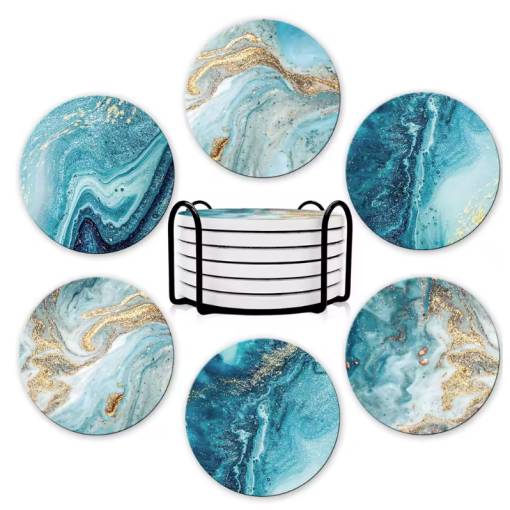 Foto - Keramické podtácky so stojanom – Modrý mramor, 6 ks