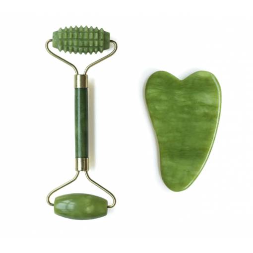 Foto - Liftingový masážny valček Jade roller vrátane GuaSha tvarovaného kameňa - Zelený
